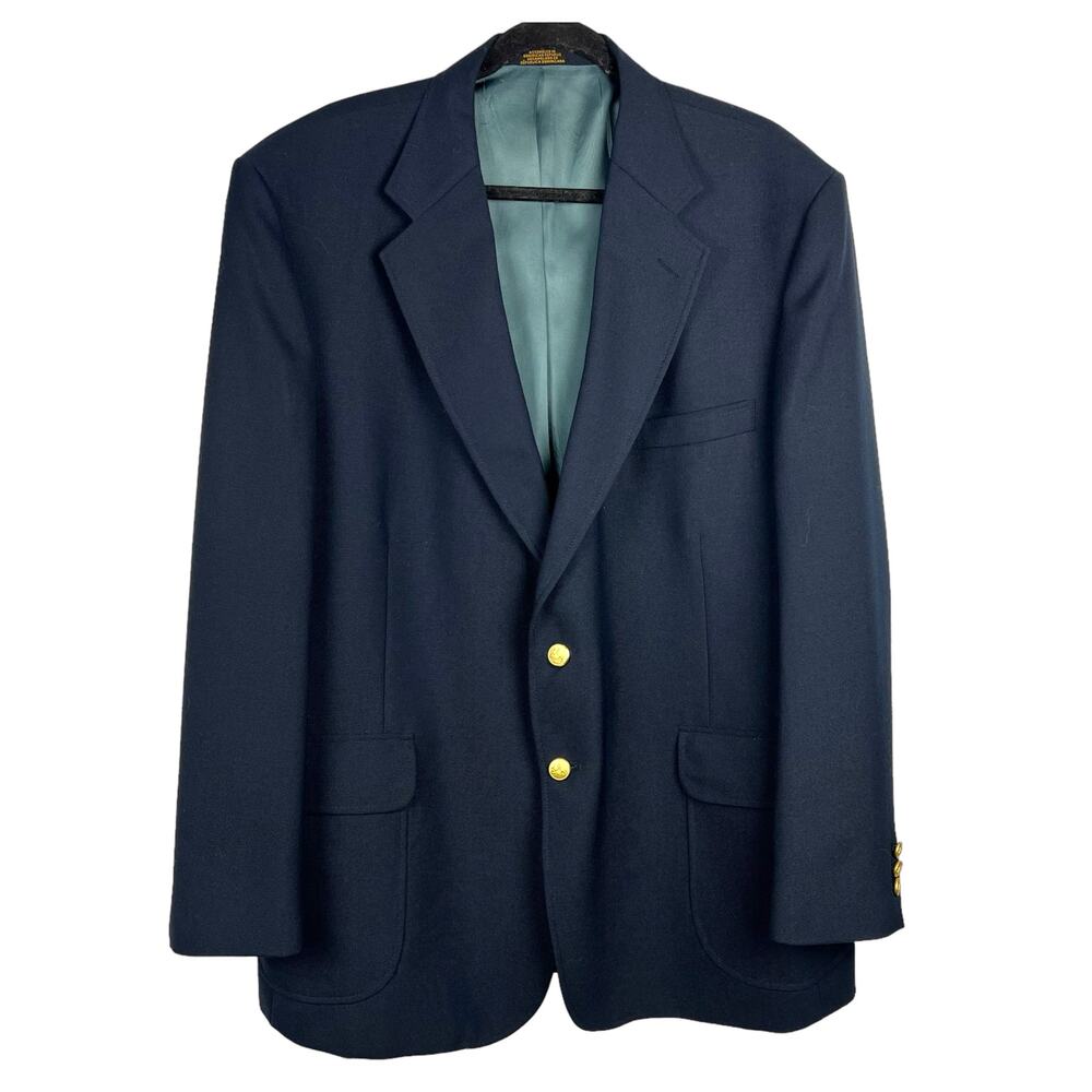 STAFFORD Men’s 46R Woven Wool Blend Navy Blue Sport Jacket Gold Crest Buttons